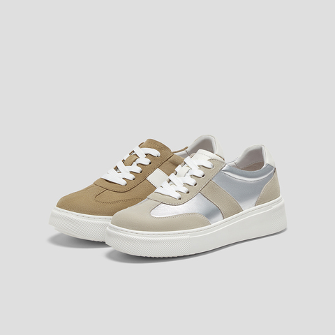 SKAP圣伽步女鞋2024秋季新款板鞋日常拼色系带厚底舒适女款休闲鞋