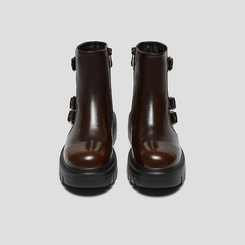 SKAP圣伽步女鞋2025冬季新款复古短靴增高搭扣舒适短筒女款休闲靴