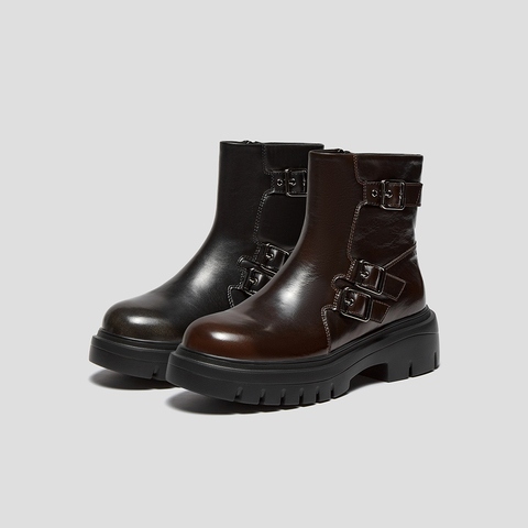 SKAP圣伽步女鞋2025冬季新款复古短靴增高搭扣舒适短筒女款休闲靴