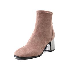 思加图冬季粗高跟方跟后拉链羊绒皮革女皮靴短靴R9201DZ9