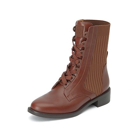 思加图冬季新款马丁靴女低粗跟系带皮靴女士靴女鞋中靴9H210DZ9