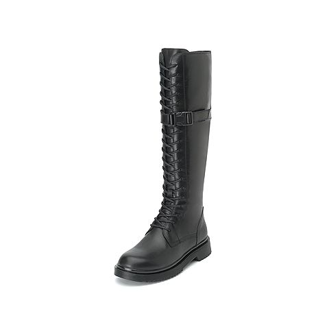 思加图冬季新款粗跟系带骑士靴牛皮革帅气长靴女靴子N4305DG9