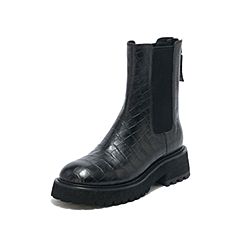 思加图2020冬季新款烟筒靴女鞋鳄鱼纹厚底切尔西靴中筒靴D9178DZ0