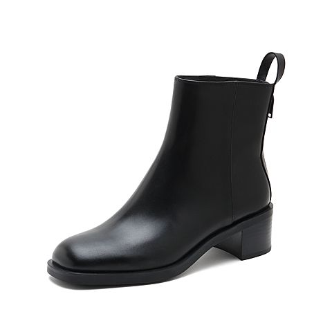 思加图2021冬季新款简约纯色粗跟小短靴后拉链短靴女皮靴EC501DD1