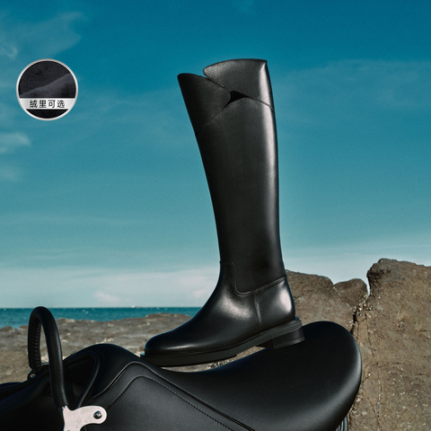 思加图2023冬季新款骑士夜曲长靴高筒靴机车靴粗跟黑色女皮靴EOQ01DG3
