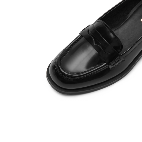 思加图2024春季新款英伦风乐福鞋小皮鞋粗跟一脚蹬黑色女单鞋EUO01AA4