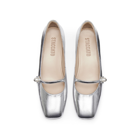 思加图2024秋季新款法式玛丽珍鞋粗跟浅口鞋银色女单鞋S5368CQ4