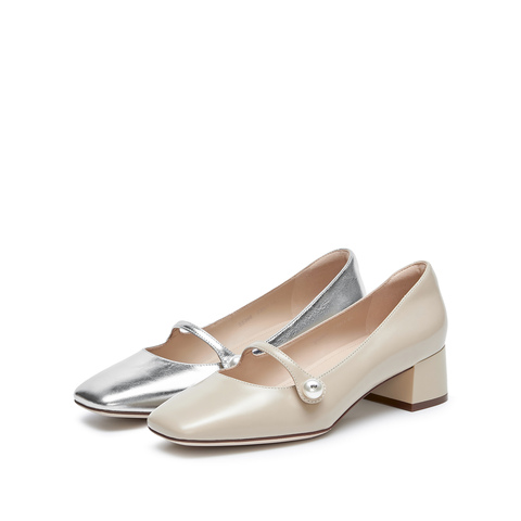 思加图2024秋季新款法式玛丽珍鞋粗跟浅口鞋银色女单鞋S5368CQ4
