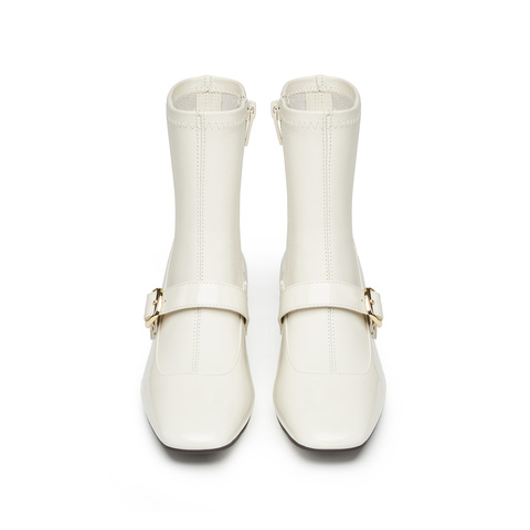 思加图2024冬季新款小玛丽奶油靴中靴粗跟时装靴女皮靴9U001DZ4