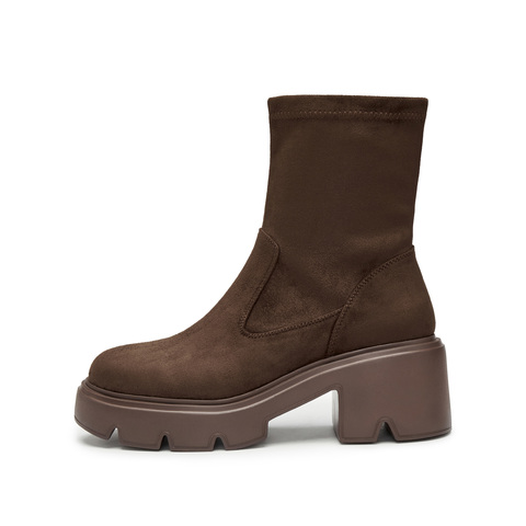 思加图2024冬季新款复古弹力靴中靴瘦瘦靴厚底增高女靴子F0512DZ4