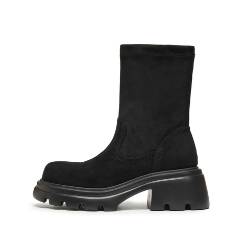 思加图2024冬季复古弹力靴瘦瘦靴中筒靴时装靴厚底女靴子J6818DZ4