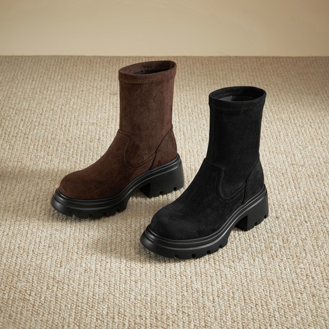 思加图2024冬季复古弹力靴瘦瘦靴中筒靴时装靴厚底女靴子J6818DZ4