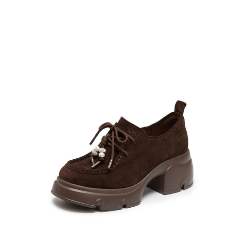 思加图2025秋季新款熔岩黑巧袋鼠鞋厚底增高小皮鞋女单鞋Y6361CM5