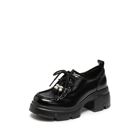 思加图2025秋季新款熔岩黑巧袋鼠鞋厚底增高小皮鞋女单鞋Y6361CM5