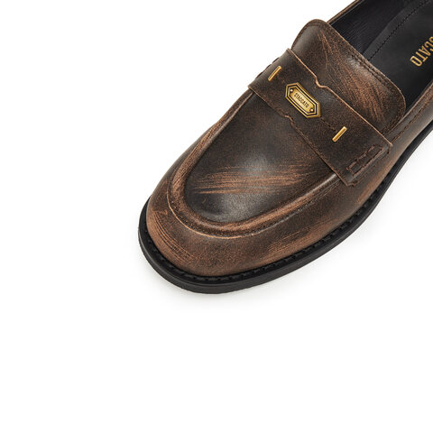 思加图2025秋季新款黑茶伯爵乐福鞋一脚蹬小皮鞋女单鞋子EHH03CA5