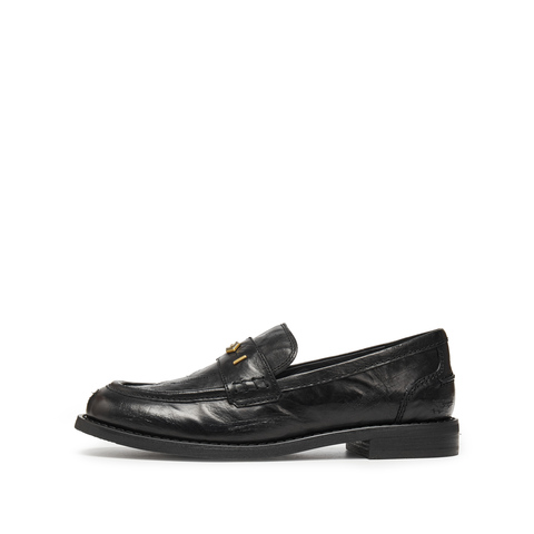 思加图2025秋季新款黑茶伯爵乐福鞋一脚蹬小皮鞋女单鞋子EHH03CA5