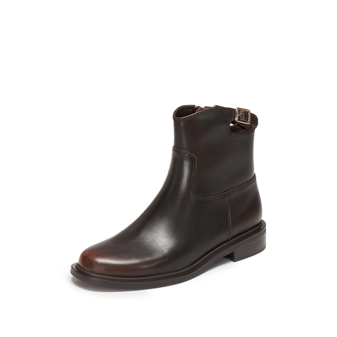 思加图2025冬季新款夜蝴蝶短靴时装靴粗跟黑色靴子女皮靴EAJ49DD5