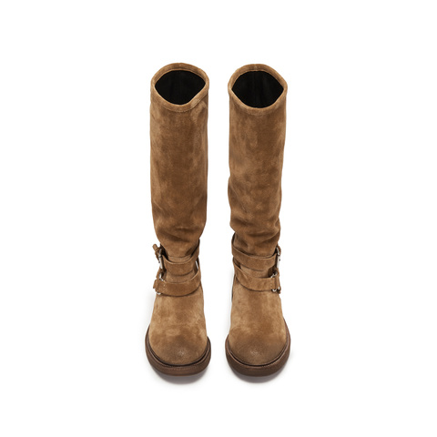 思加图2025冬季新款复古西部靴长靴高筒靴时装靴粗跟女靴Y5912DG5