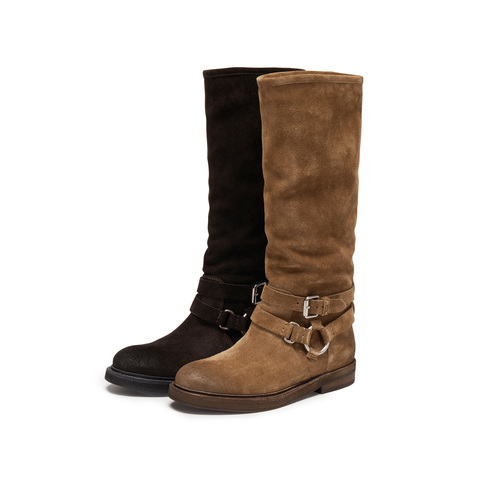 思加图2025冬季新款复古西部靴长靴高筒靴时装靴粗跟女靴Y5912DG5