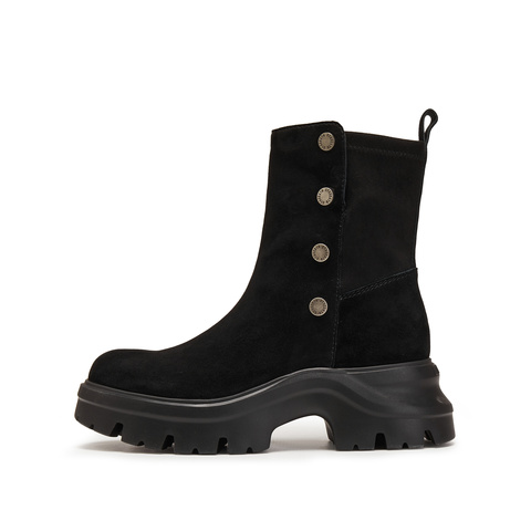 思加图2025冬季新款运动靴厚底增高中筒靴通勤黑色女靴子EJA05DZ5