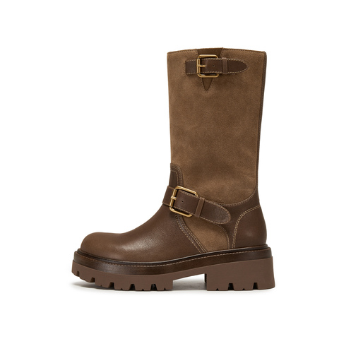 思加图2025冬季新款英伦风骑士靴长靴高筒靴粗跟女时装靴EIW05DG5