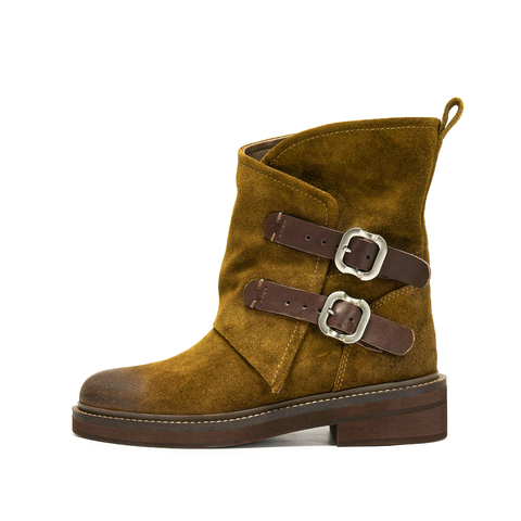 思加图2025冬季新款复古西部靴牛仔靴中靴时装靴粗跟女靴C0085DZ5