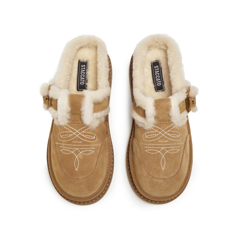 思加图2025冬季新款复古勃肯鞋毛毛鞋厚底增高保暖女鞋子EIY04DH5