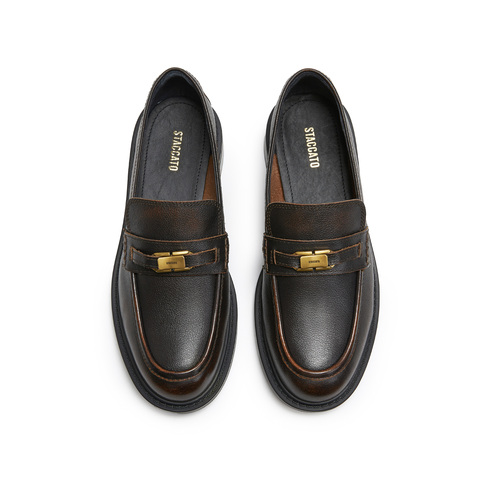 思加图2026春季新款英伦风乐福鞋一脚蹬小皮鞋粗跟女单鞋9UL21AA6