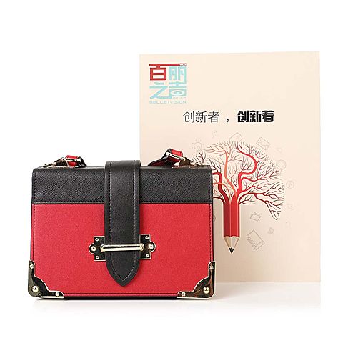 他她ZJ102CX7红色】Tata/他她秋红色PU潮款拼色抽带时尚女包ZJ102CX7