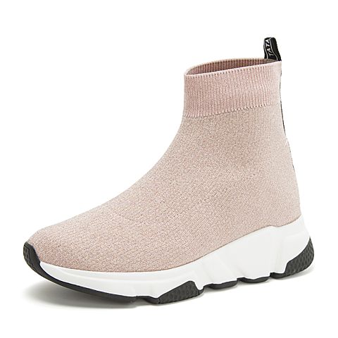 Tata/他她2018秋专柜同款粉色布面运动坡跟袜靴女休闲靴2BL40CD8