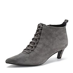 Tata/他她2018冬专柜同款灰色羊皮革绒面尖头猫跟踝靴女短靴FW944DD8