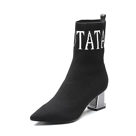 Tata/他她2018冬专柜同款黑色字母粗高跟袜靴休闲女中靴COF01DZ8
