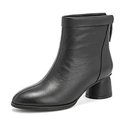 Tata/他她2018冬专柜同款黑色牛皮革通勤粗跟女短靴EFF01DD8