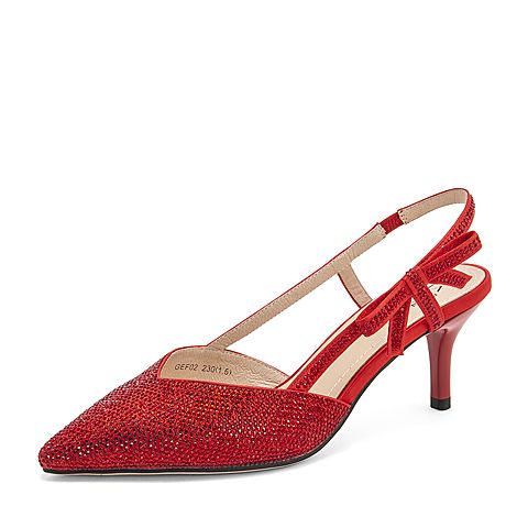 Tata/他她夏专柜同款红色沙丁布水钻尖头高跟婚鞋女凉鞋GEF02BH9