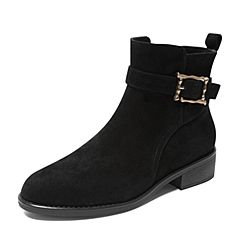 Tata/他她2019冬专柜同款黑色羊皮革绒面金属扣方跟女短靴2L040DD9