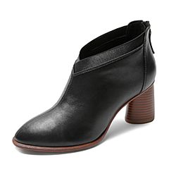 Tata/他她2019冬黑色羊皮革通勤高跟短靴粗跟女踝靴WEC01DD9
