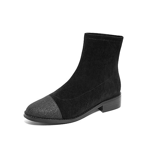 Tata/他她冬专柜同款黑色拼接绒面瘦瘦靴套筒方跟女短靴CEI01DD9