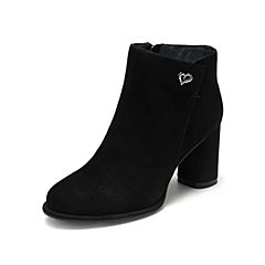 Tata/他她2019冬黑色羊皮革绒里通勤踝靴粗高跟拉链女短靴DS9D9DD9