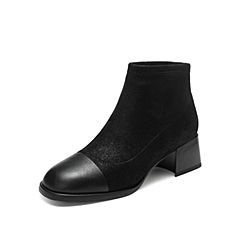 Tata/他她2019冬专柜同款黑色拼接简约圆头粗跟踝靴女短靴CXF02DD9
