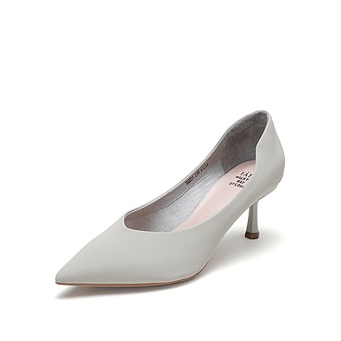 Tata/他她2020春浅灰牛皮革通勤尖头细高跟鞋浅口女单鞋XAX04AQ0