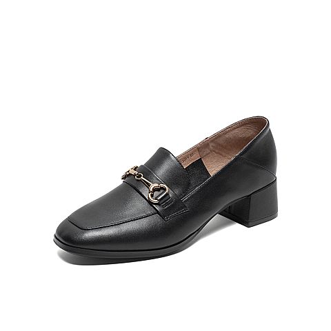 Tata/他她2020春黑色牛皮革金属装饰方头乐福鞋粗跟女单鞋6DSCAAM0