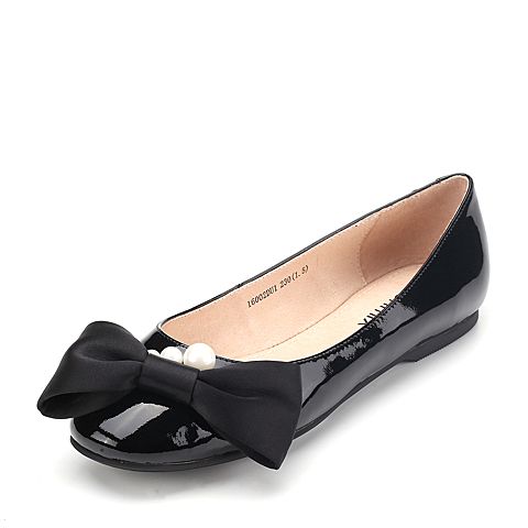Teenmix/天美意春黑色漆牛皮甜美蝴蝶结优雅浅口女单鞋16002AQ7