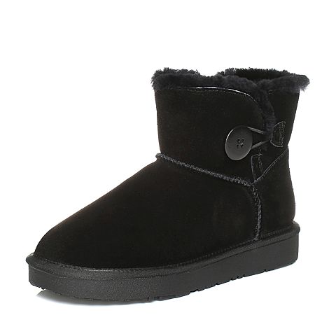 Teenmix/天美意冬黑色牛剖层皮平跟雪地靴女短靴(毛里)33501DD7