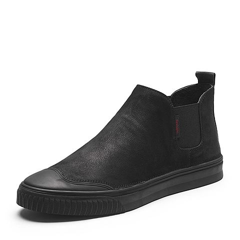 Teenmix/天美意秋专柜同款黑色牛皮/织物舒适平跟男休闲靴2DZ01CD7