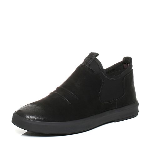 Teenmix/天美意冬黑色牛皮/弹力布个性褶皱舒适男休闲鞋BMT02DD7