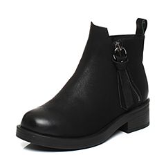 Teenmix/天美意冬专柜同款黑色牛皮时尚简约素雅女短靴（毛里）AQ371DD7