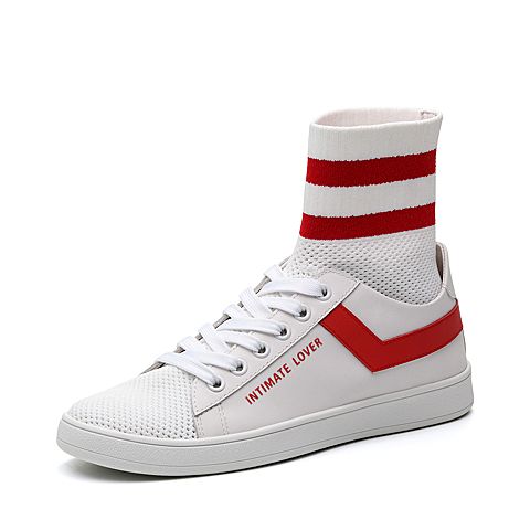 Teenmix/天美意冬专柜同款白/红色牛皮/纺织品袜筒靴女短靴AQ651DD7