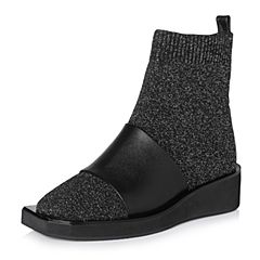 Teenmix/天美意冬专柜同款黑/银色布潮流平跟袜筒靴女短靴CC340DD7