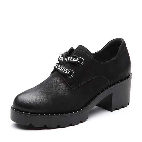 Teenmix/天美意春专柜同款黑色牛皮粗跟字母系带鞋女单鞋CCI20AM8