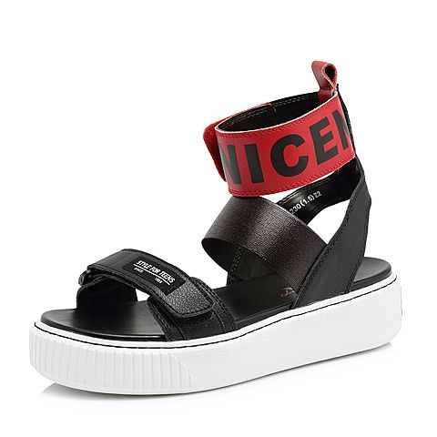 Teenmix/天美意夏季专柜同款黑/红色移膜二层牛皮革舒适平跟女皮凉靴CAQ30BB8